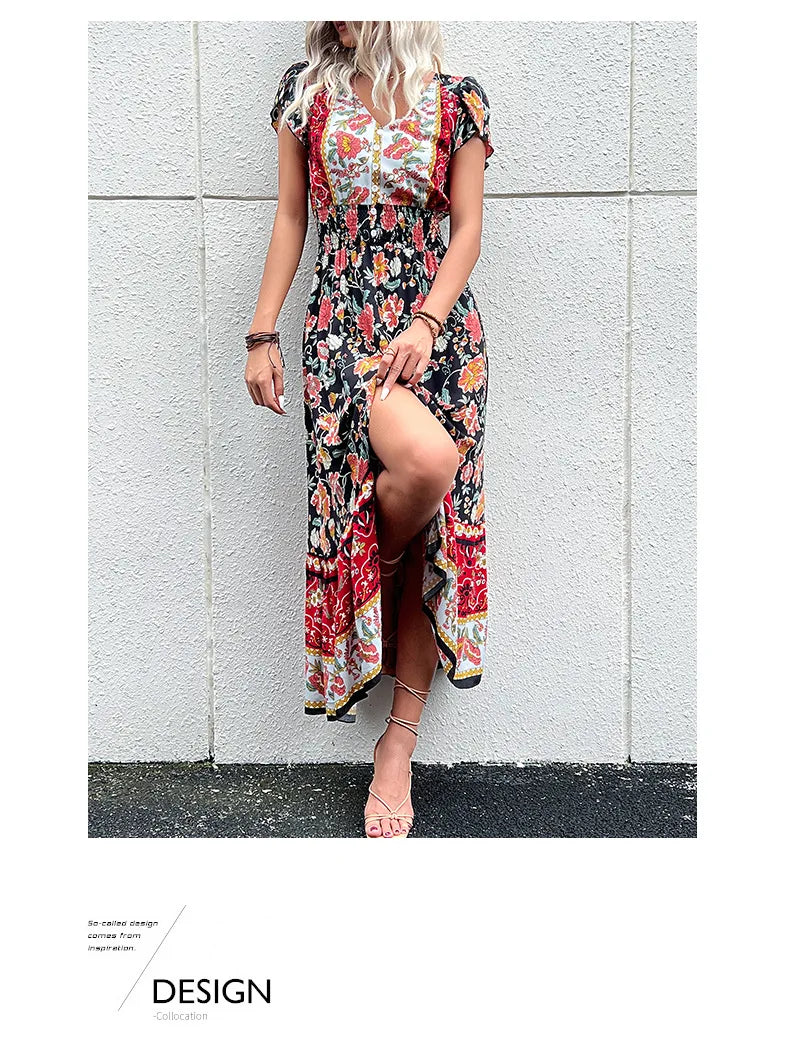 Short Sleeves V Neck Vintage Floral Boho Printed Slit Midi Dresses A Line Bohemian Summer Beach Dress