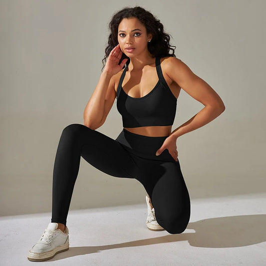 Cross Back Strap Yoga Set Women High Waist Leggings Running Workout Suits Sportswear Seamless Fitness Clothes Tracksuit Set