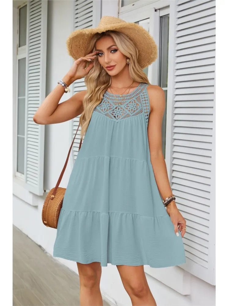 Hollow Lace Patchwork Halter Neck Women A Line Dress Summer Casual Solid Color Loose Beach Holiday Sundress The Clothing Company Sydney