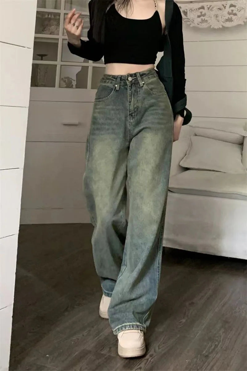 Vintage Baggy Straight Denim Trousers Y2K High Waist Loose Wide Leg Jeans Women Streetwear All-Match Casual Pants The Clothing Company Sydney