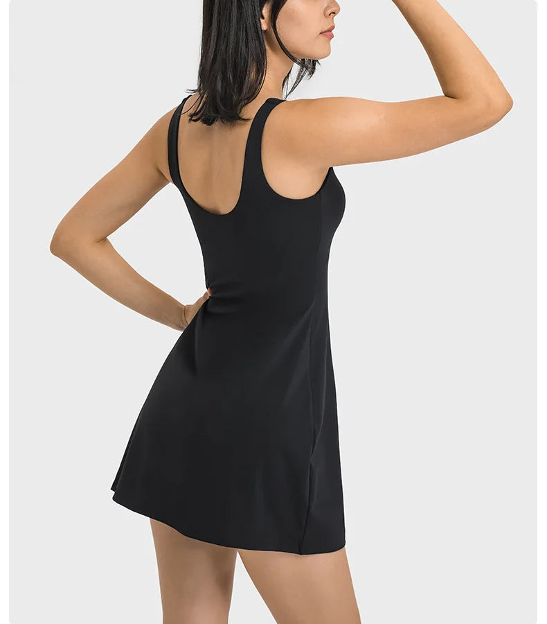 Square Neck Tennis Golf Dress Skirt Sleeveless Exercise Sport Dresses with Built In Shorts Pocket