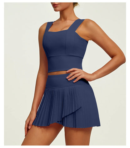 2 Piece Fitness Matching Set Women's Gym Sports Bra Sleeveless Crop Top+ Skirts Tennis Skorts Running Tracksuit Workout Sportswear