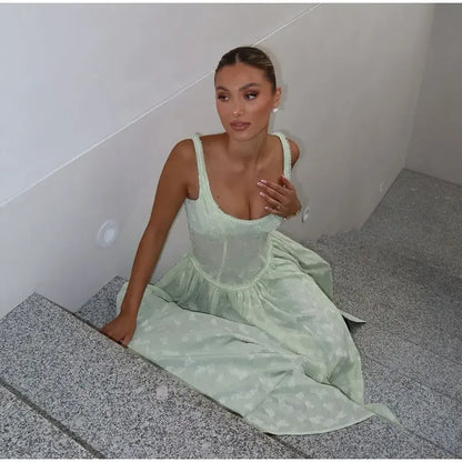 Flower Printed Slim A-line Sling Green Square Neck High Split Long Elegant Chic Evening Dress - The Clothing Company Sydney