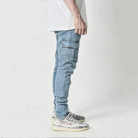 Men's Street Elastic Jeans Denim Cargo Pants Wash Solid Colour Multi Pockets Casual Mid Waist Trousers Slim Fit Daily Wear Joggers The Clothing Company Sydney