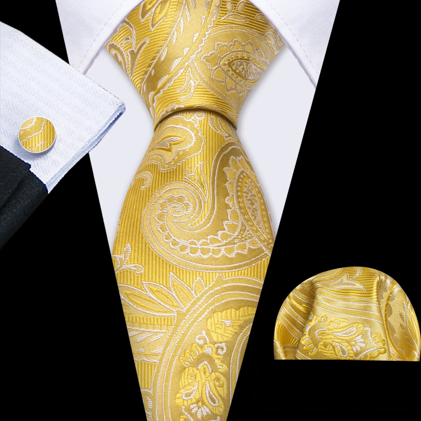 Elegant Men's Gold Leaves Floral Silk Neck Tie Pocket Square Cufflinks Wedding Business Party Gift Set The Clothing Company Sydney