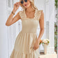 Womens Summer Casual Boho Sleeveless Backless Square Neck Smocked Ruffle Mini Dress A-Line Swing Sundress