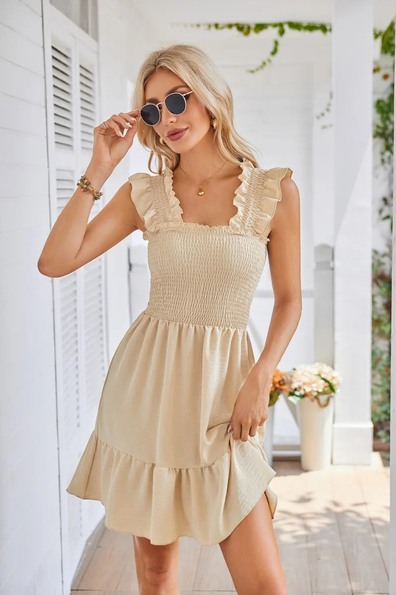 Womens Summer Casual Boho Sleeveless Backless Square Neck Smocked Ruffle Mini Dress A-Line Swing Sundress