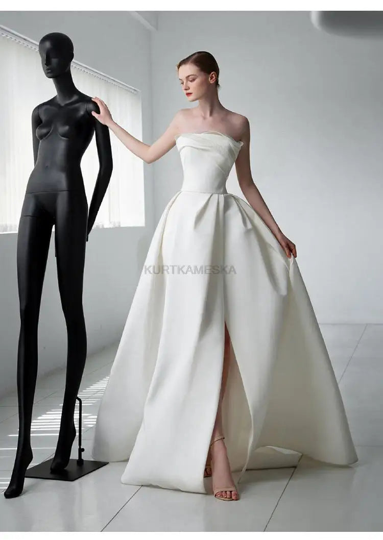 Luxury White Satin Trailing Wedding Dresses Women Elegant Strapless Long Prom Party Bridal Dress