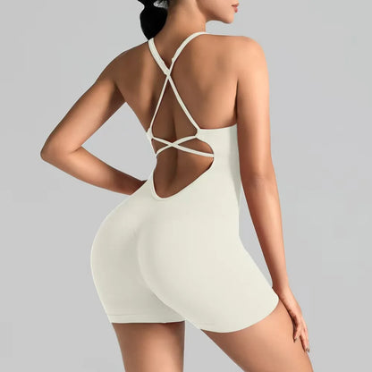 Women's Slim-Fit Yoga Shorts Seamless Back Workout Bodysuit Breathable Quick-Dry Gym Running Pilates Fitness Jumpsuit
