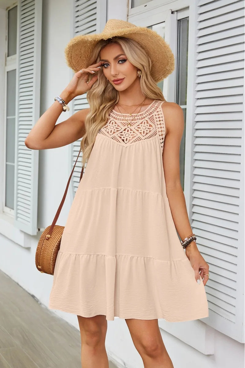 Hollow Lace Patchwork Halter Neck Women A Line Dress Summer Casual Solid Color Loose Beach Holiday Sundress