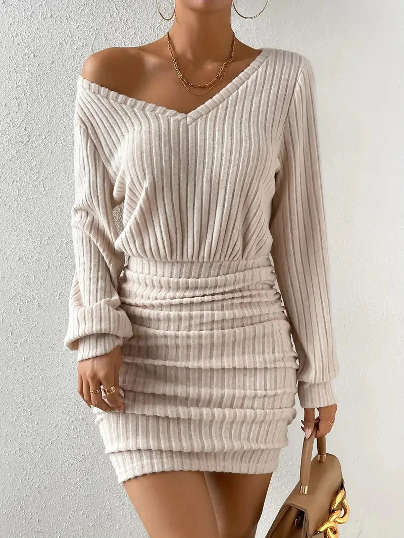 Women's Autumn Winter Knitted Sweater Mini Dress Female Casual Solid Wrap V-neck Long Sleeve Warm Bodycon Short Dress The Clothing Company Sydney