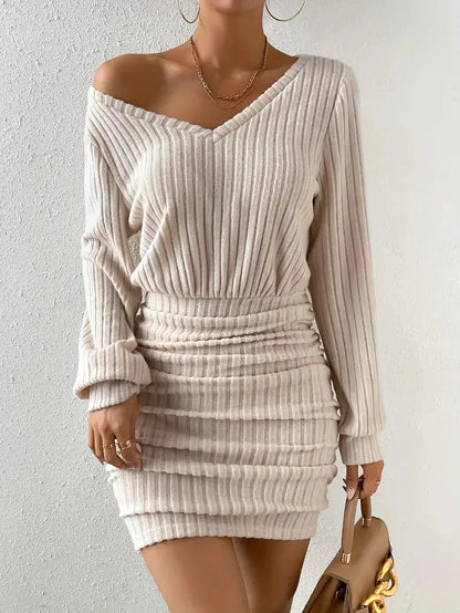 Women's Autumn Winter Knitted Sweater Mini Dress Female Casual Solid Wrap V-neck Long Sleeve Warm Bodycon Short Dress The Clothing Company Sydney