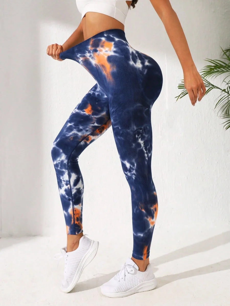 Women's 3D Print Tie Dye Sports Seamless High Waist Fitness Push Up Leggings Gym Clothing Workout Tights Pants