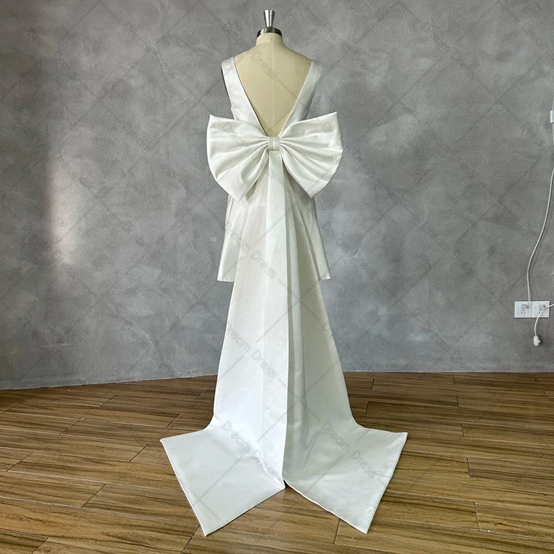 Short Mini Satin V Neck Bridal Gown Large Bow Open Back Sleeveless Above Knee Length Wedding Party Dress The Clothing Company Sydney