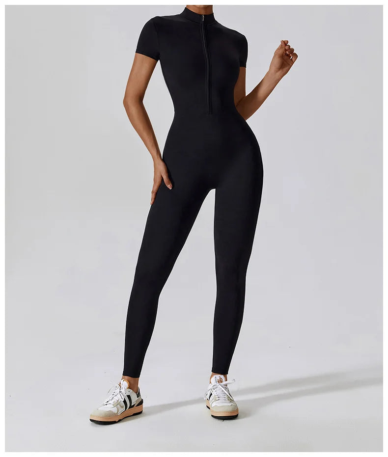 Yoga Jumpsuit Women Zipper Short Sleeve one piece Gym suit Fitness Set Workout Romper Elastic Sportswear