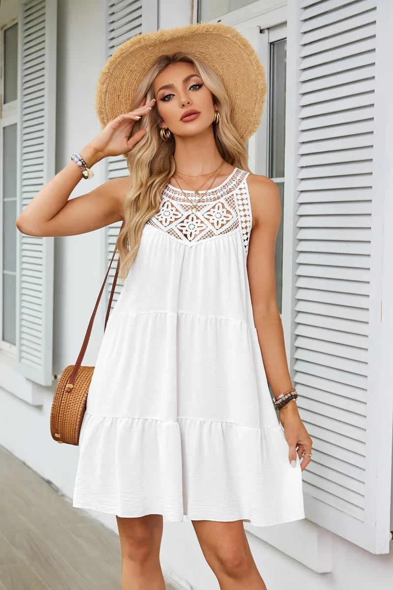 Hollow Lace Patchwork Halter Neck Women A Line Dress Summer Casual Solid Color Loose Beach Holiday Sundress The Clothing Company Sydney