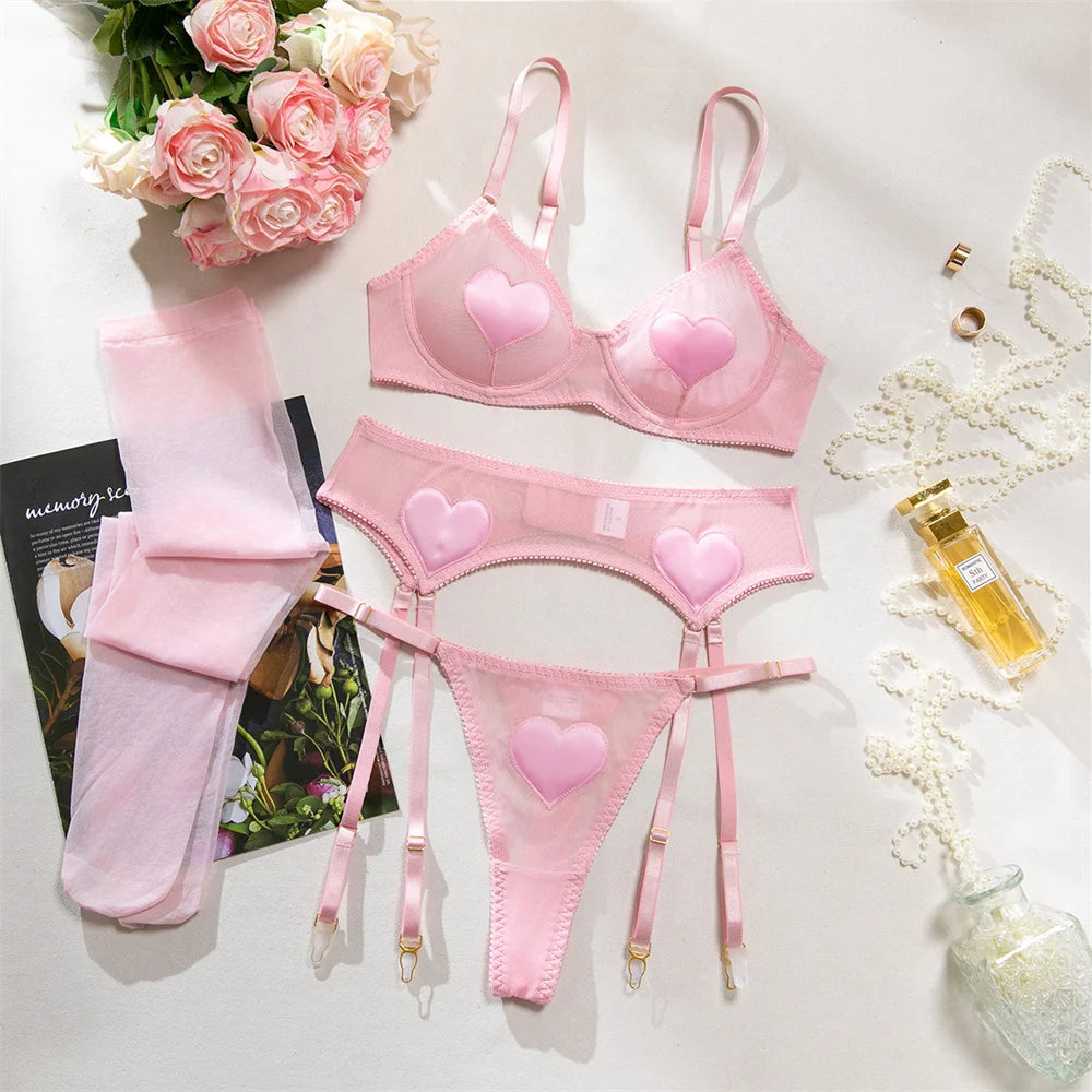 Pink Heart Patchwork Lingerie 4 Piece Mesh See-through Bras And Panties Suits With Stocking Fancy Set The Clothing Company Sydney