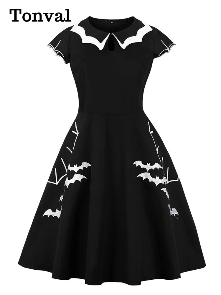Bat Embroidery Halloween Costumes Party Vintage Dresses Cap Sleeve Keyhole Front Retro A Line Dress