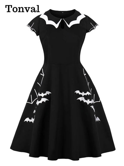Bat Embroidery Halloween Costumes Party Vintage Dresses Cap Sleeve Keyhole Front Retro A Line Dress