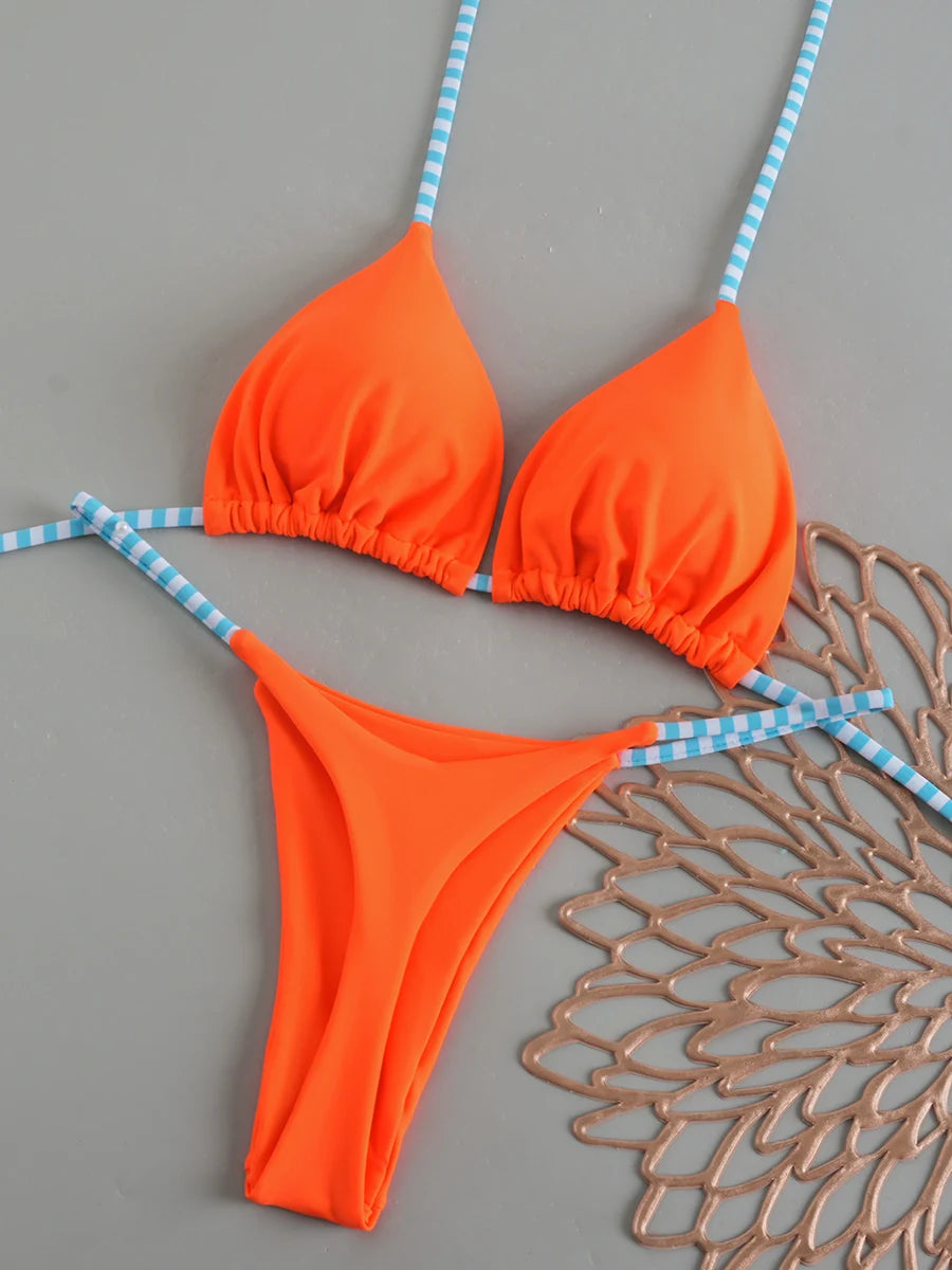Brazilian lace-up print swimsuit set by The Clothing Company Sydney featuring backless thong micro bikini for beachwear.