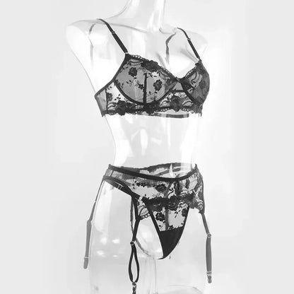 Women's 3 Piece Lace Embroidery Push Up Bra Panties Sets Deep V Gather Underwear Bras Brassiere Lingerie Set The Clothing Company Sydney