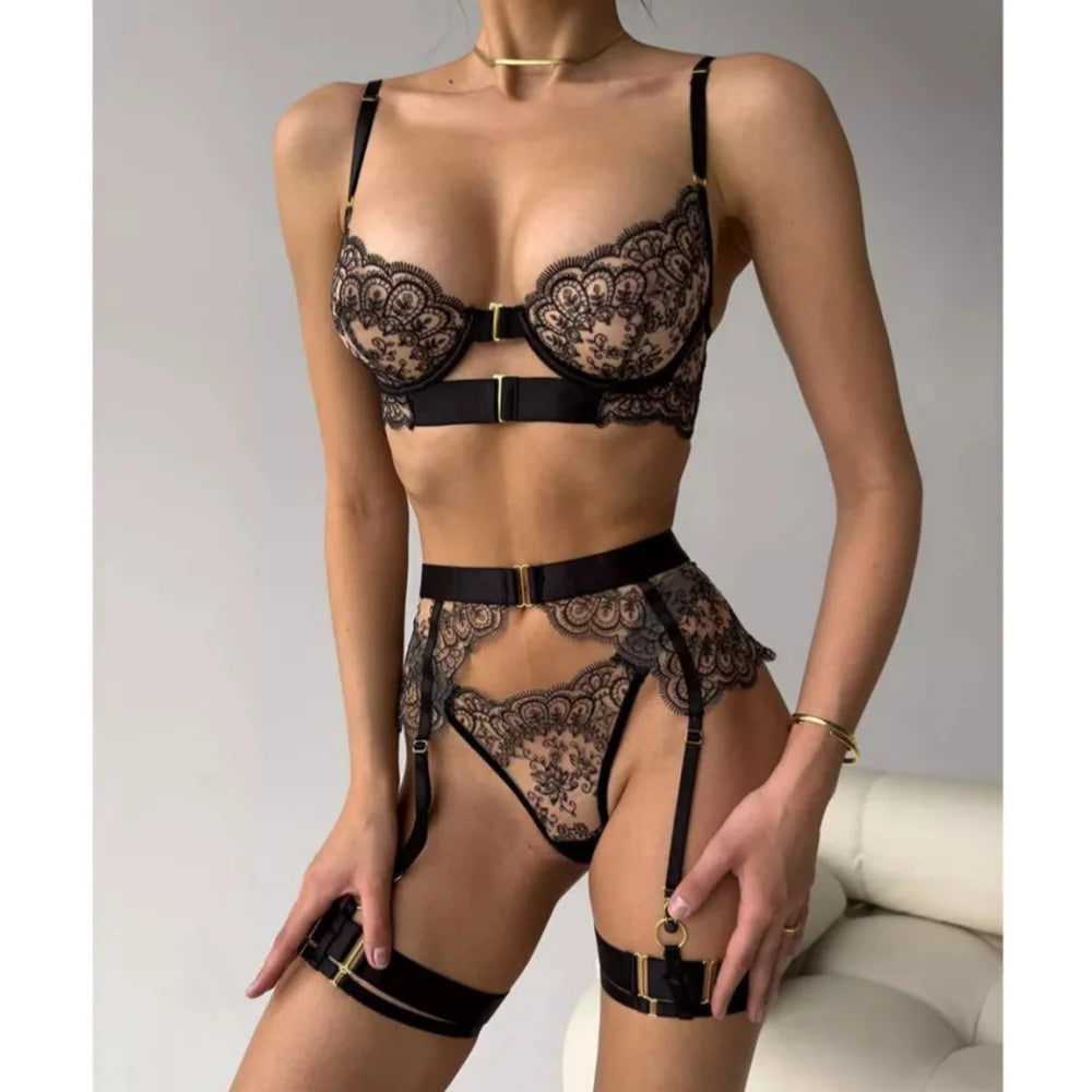 Luxury Black Flower Embroidery Lingerie 4 Piece Mesh Transparent Metal Buckle Bra And Thong Garter Set The Clothing Company Sydney