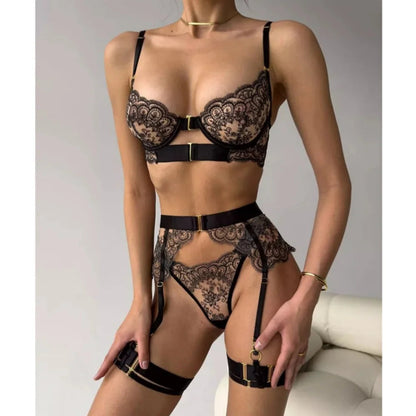 Luxury Black Flower Embroidery Lingerie 4 Piece Mesh Transparent Metal Buckle Bra And Thong Garter Set The Clothing Company Sydney
