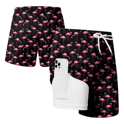 Men's quick-dry double-layer beach print swim trunks with compression liner and phone pockets