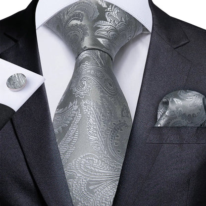 Gray Paisley Silk Tie Set – Men’s Wedding Tie, Pocket Square & Cufflinks The Clothing Company Sydney