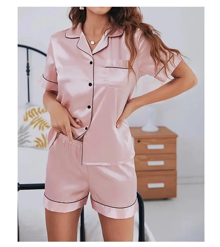 Summer Silk Satin Women Pyjamas Set Button Down Top & Shorts 2 Piece Sleepwear Notched Collar Nightwear Loungewear The Clothing Company Sydney
