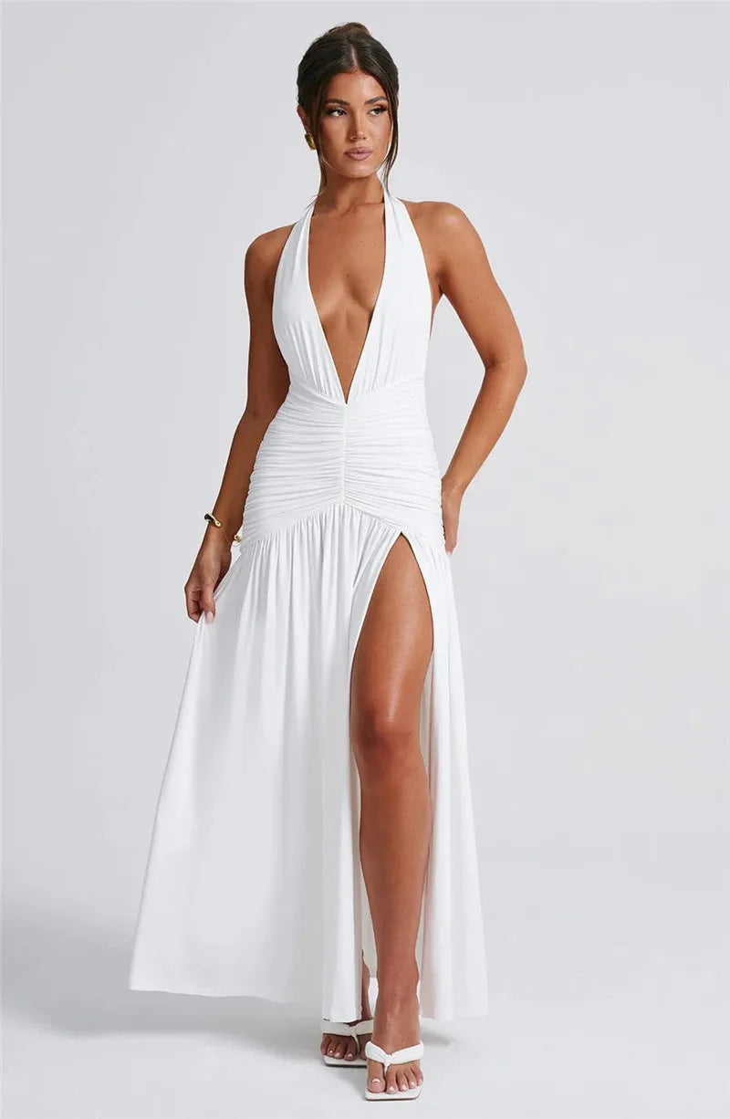 Halter Deep V Neck Backless Maxi Sleeveless Thigh High Split Long Dress The Clothing Company Sydney