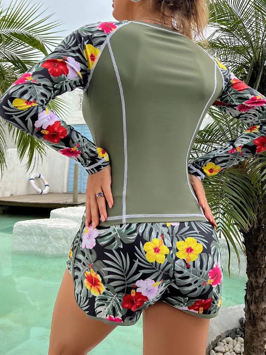 Long Sleeve Surfing Swimsuit Tropical Print Swimwear Women Two Piece Rashguard Diving Clothes Bathing Swimming Suit The Clothing Company Sydney