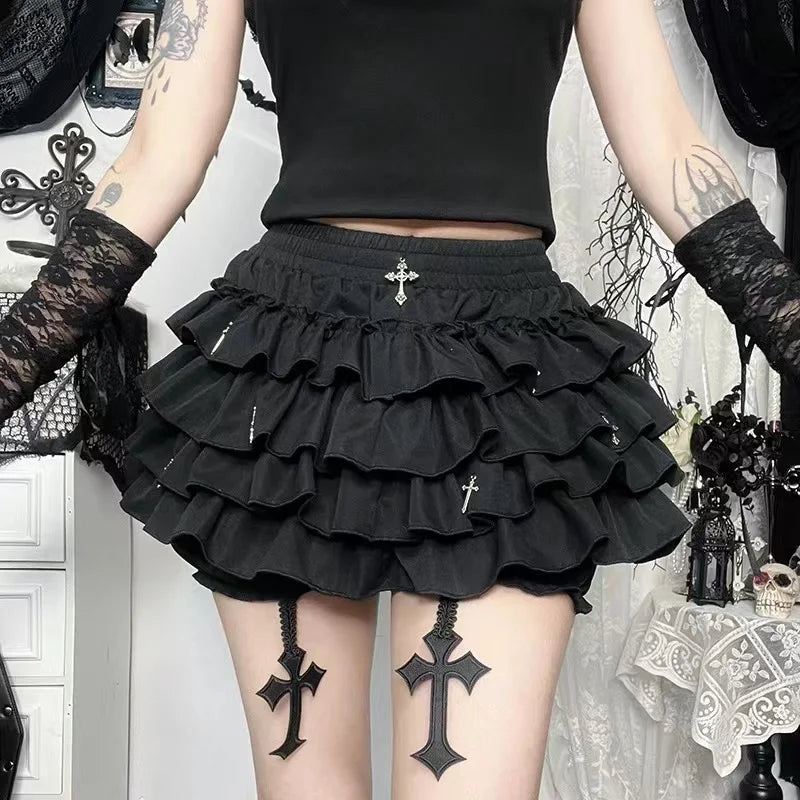 Women's Tiered Ruffles Mini Skirt with Cross Charms Built-in Shorts Skort Gothic Punk Skirt The Clothing Company Sydney