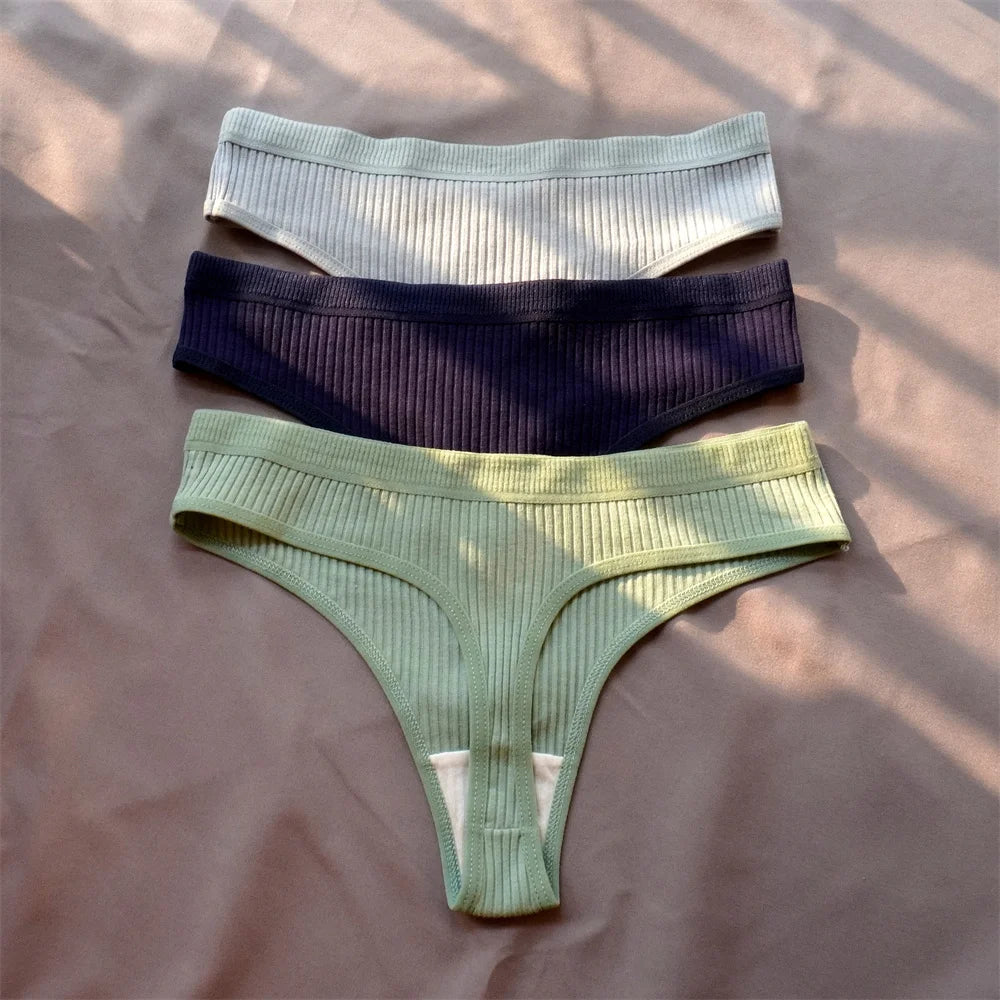 3 Pack Seamless Ribbed Cotton Thong Low Waist Bikini Briefs Sports Underwear Plus Size