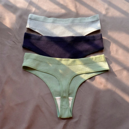3 Pack Seamless Ribbed Cotton Thong Low Waist Bikini Briefs Sports Underwear Plus Size