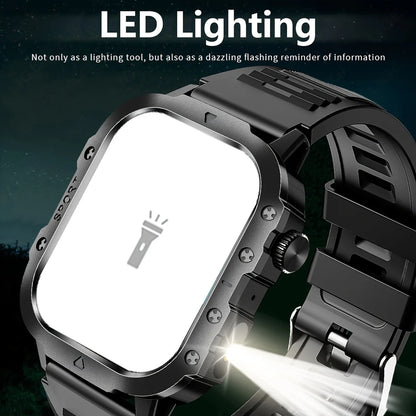 Men's LED smart watch with Bluetooth, voice control, multi-sport modes, and health monitoring, outdoor sports smartwatch in black.