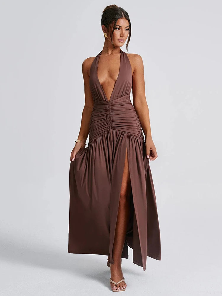 Halter Deep V Neck Backless Maxi Sleeveless Thigh High Split Long Dress The Clothing Company Sydney