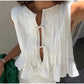 Elegant White Set 2 Piece Woman Chic Lace Up O Neck Ruffled Edge Short Matching Set Summer Street Outfit