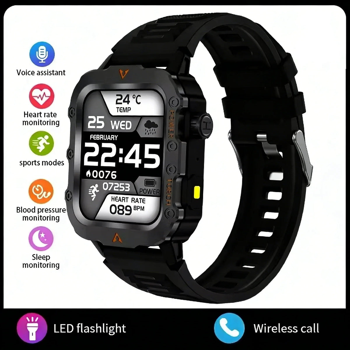 Men's LED smart watch by The Clothing Company Sydney with Bluetooth, voice control, multi-sport modes, and health monitoring features.