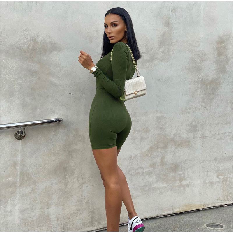 Casual Women's Knitted Bodycon Jumpsuit Fashion Long Sleeve Short Sport One-piece Suit Spring Back Zipper Yoga Playsuit The Clothing Company Sydney