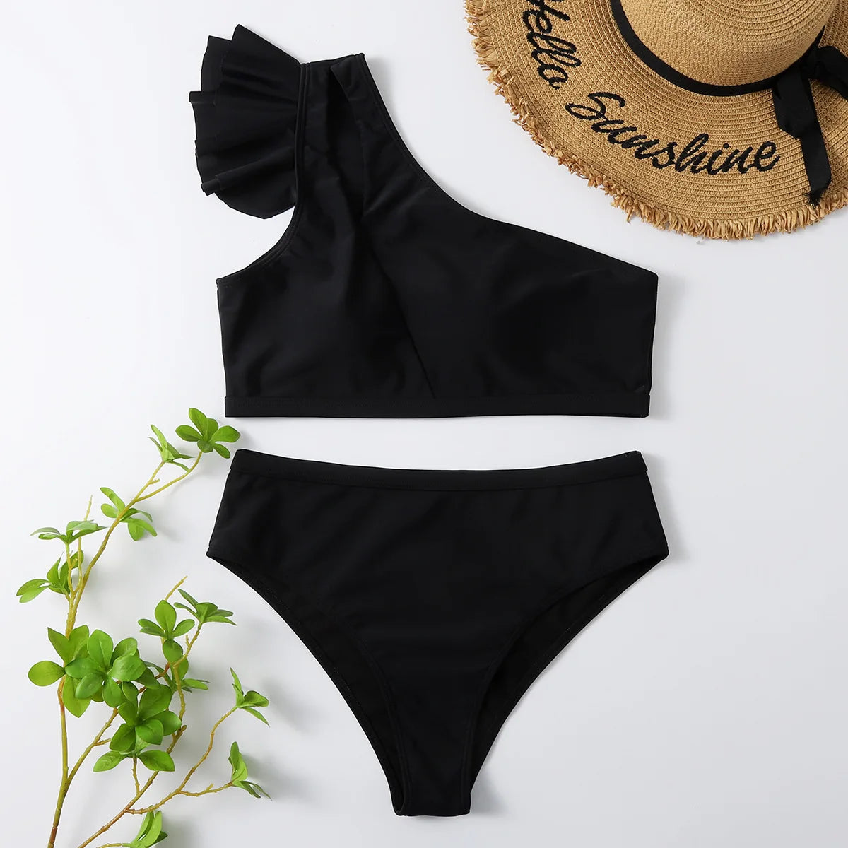 One Shoulder Women Ruffle Swimsuit Solid High Waist Swimwear Padded Bathers Bathing Swimming Suit Beachwear The Clothing Company Sydney