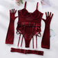 Tight Fitting Lace Bodysuit With Gloves Garter Night Club Outfit Mesh Top Lingerie Set