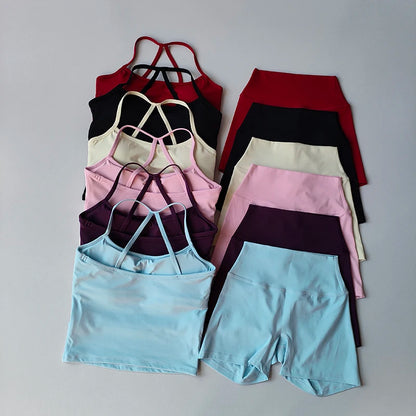 2 Piece Yoga Gym Set Halter Top Set Yoga High Waist Shorts Backless Tights Bra Vest Seamless Stretch Ribbed Shorts Set