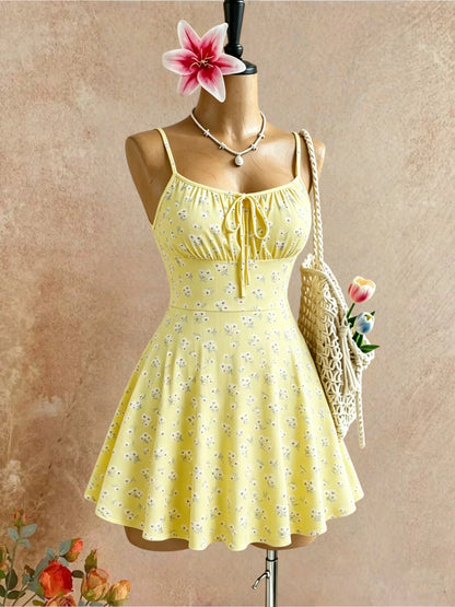 Women Thin Spaghetti Strap Floral Front Tie Ribbed Mini Skater Summer Y2K Dress