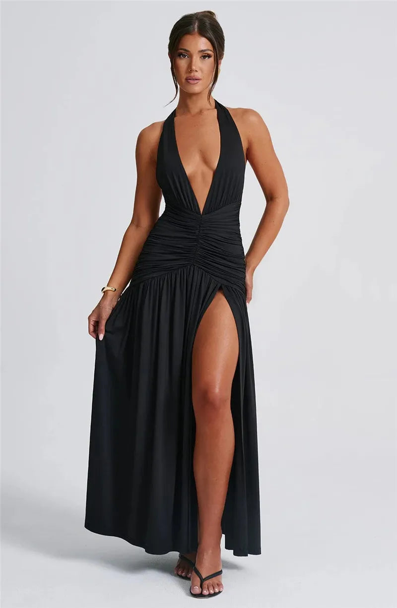 Halter Deep V Neck Backless Maxi Sleeveless Thigh High Split Long Dress The Clothing Company Sydney