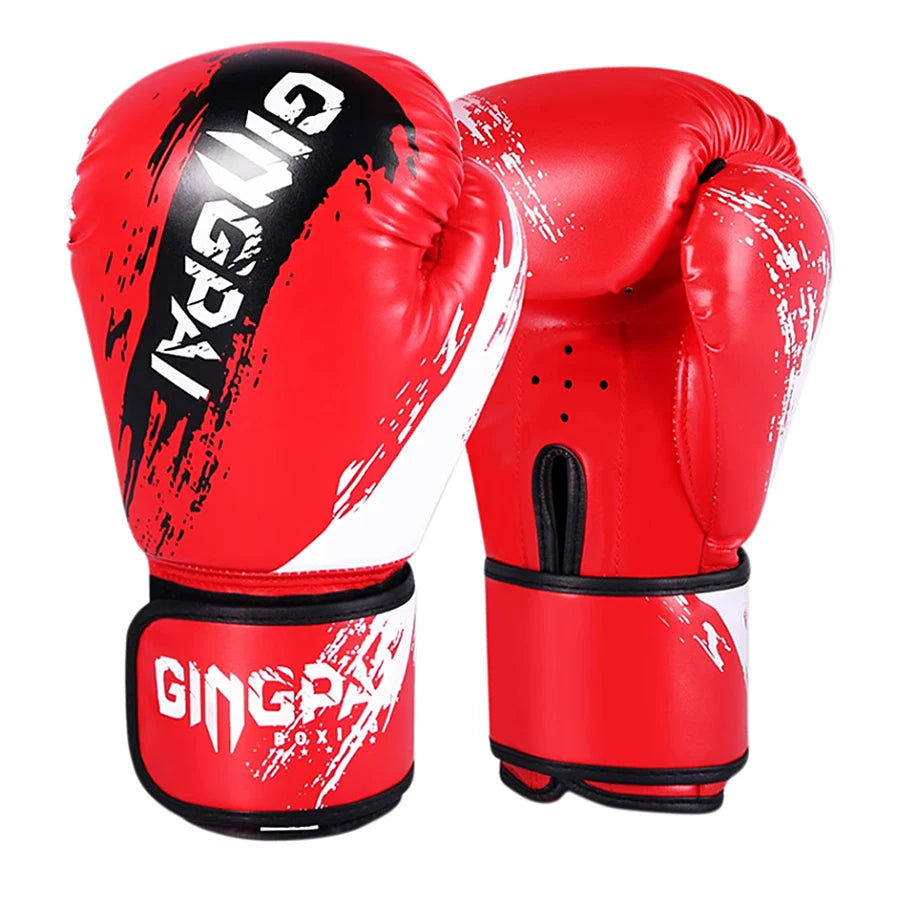 Adult and kid boxing Muay Thai gloves, adjustable training sparring mitts in black, red and blue
