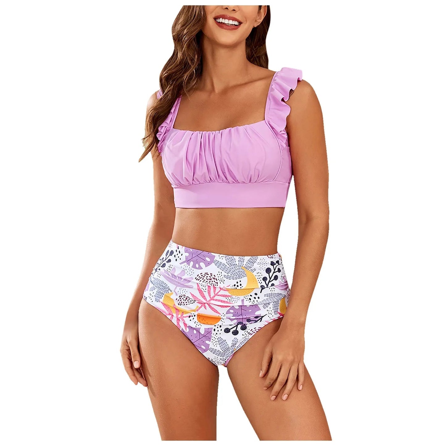 2 Piece Print Swimsuit Ruffle Swimwear Tops And High Waist Bikini Swim Shorts Beachwear The Clothing Company Sydney