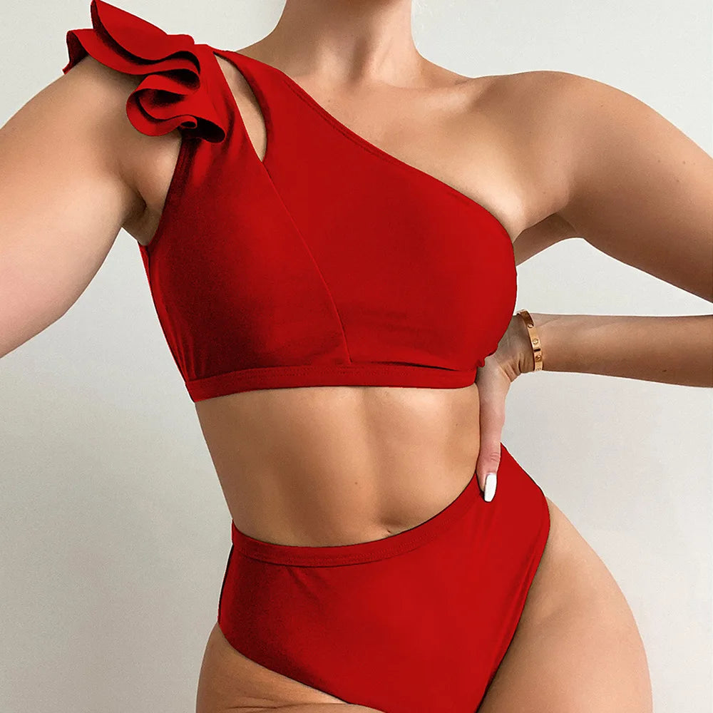 One Shoulder Women Ruffle Swimsuit Solid High Waist Swimwear Padded Bathers Bathing Swimming Suit Beachwear The Clothing Company Sydney