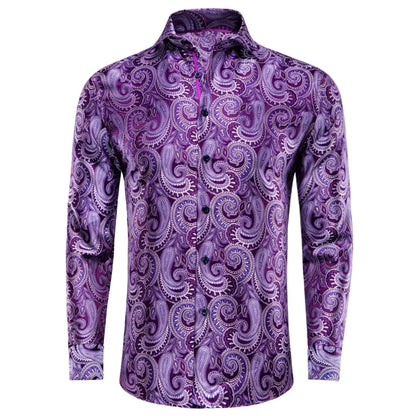 Lilac Mauve Lavender Purple Silk Mens Shirts Luxury Lapel Long Sleeve Dress Shirt