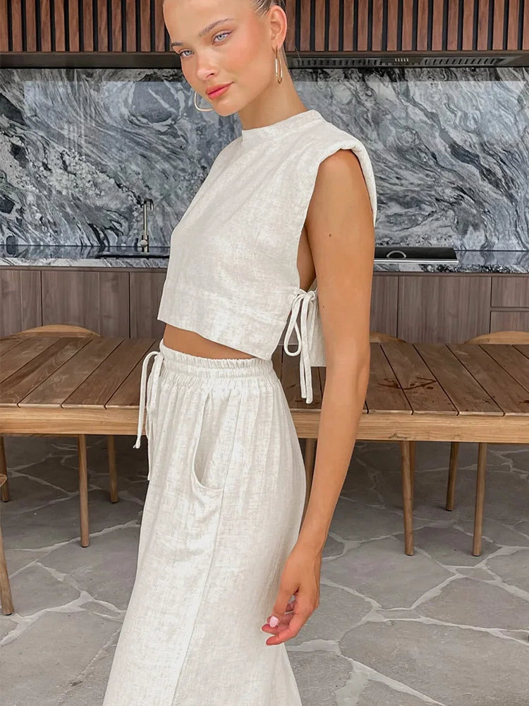 Spring Summer Holiday Linen Pant Set Crop Tops Solid Outfits 2 Two Piece Matching Outfit Set For Women The Clothing Company Sydney